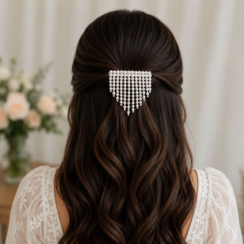 Pearl Fringe Hair Barrette White Faux Pearl Beaded Dangle French Clip Bridal